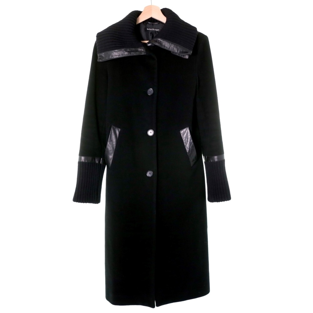 Mackage Black Long Trench Coat with Leather Trim